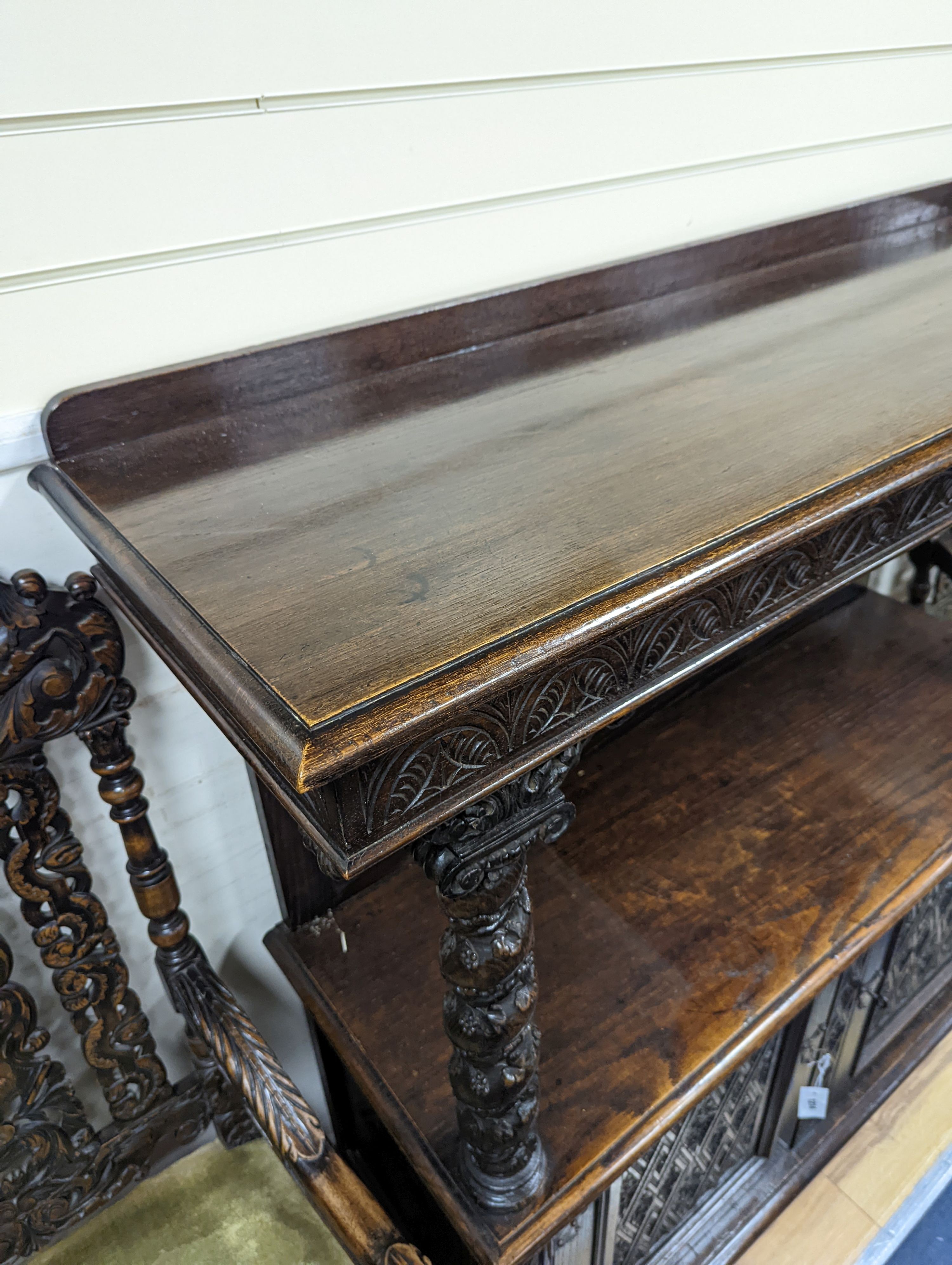 An 18th century and later oak buffet, length 140cm, depth 46cm, height 135cm